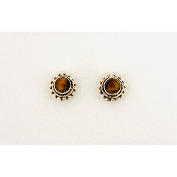 Estate Sterling Silver 925 Tiger Eye Stud Earrings, Boho Style, 4.43g, Push Back - Picture 1 of 9